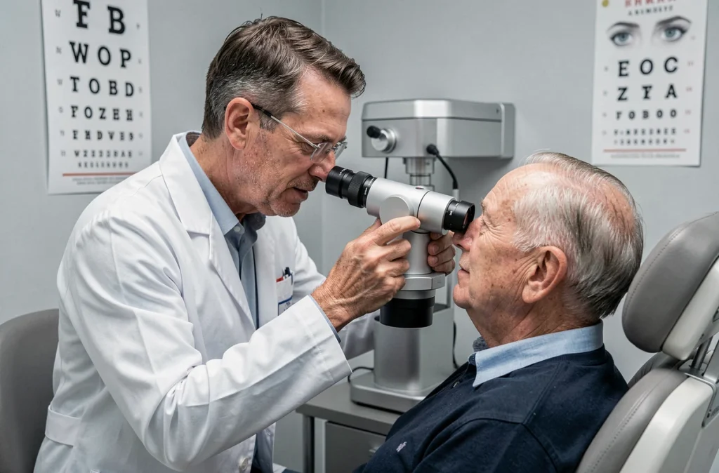 Ophtalmologiste examinant les yeux d'un patient senior lors d'un bilan de vue annuel