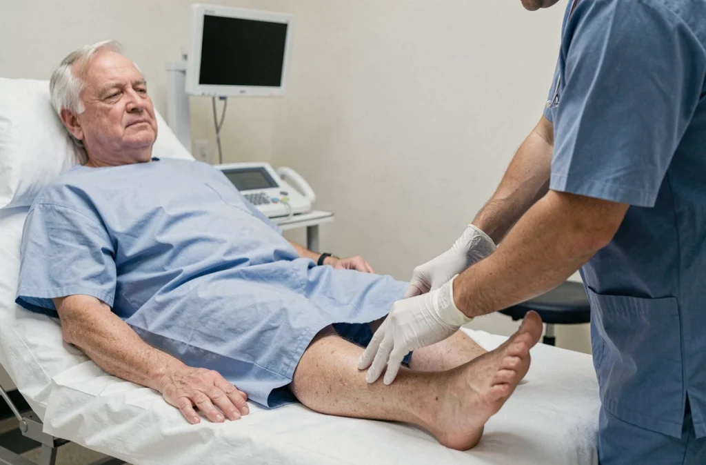 Examen médical du pied d'un patient diabétique en milieu hospitalier pour détecter les complications vasculaires et neurologiques du diabète de type 2