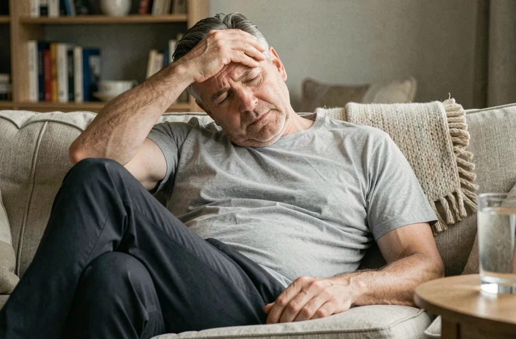 Homme épuisé allongé sur un canapé souffrant de fatigue intense, l'un des symptômes précoces de la maladie de Lyme