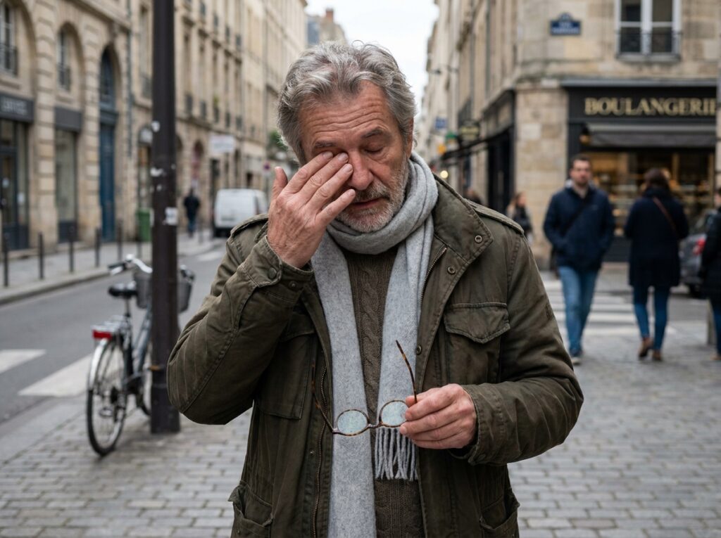 Homme âgé dans la rue se frottant les yeux avec ses lunettes retirées, signe de fatigue visuelle ou de troubles de la vue