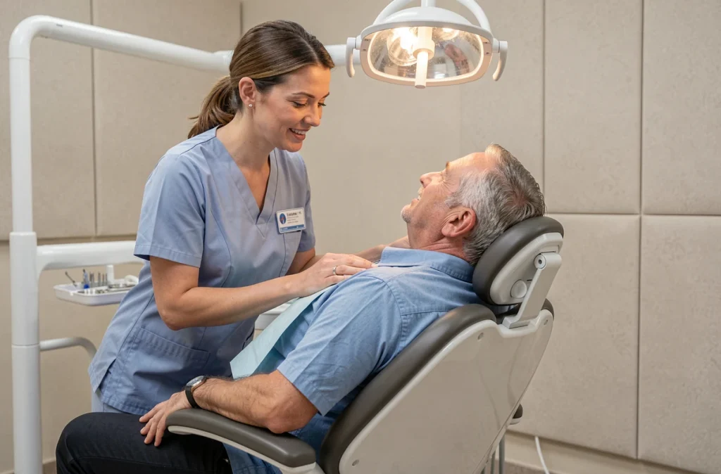 Dentiste positionnant un patient sur un fauteuil ergonomique réglable dans un cabinet dentaire contemporain