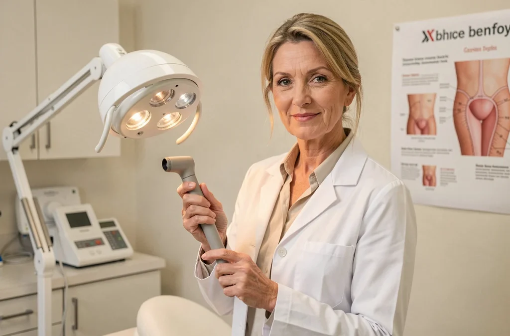 Dermatologue femme dans son cabinet de consultation à Brest avec un dermatoscope