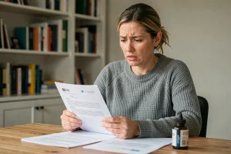 Femme consultant un contrat d'abonnement pour des compléments minceur Get Slimm m6 avec une expression préoccupée