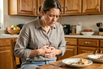 Femme souffrant de douleurs abdominales liées à la maladie cœliaque après un repas contenant du gluten