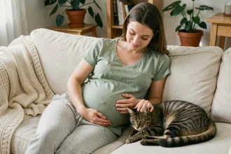 Femme enceinte assise sur un canapé qui caresse doucement un chat tigré, une main posée sur son ventre arrondi, dans un salon chaleureux