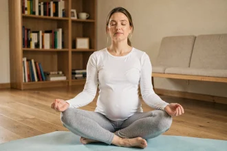 Femme enceinte pratiquant des exercices de préparation du périnée sur un tapis de yoga à la maison