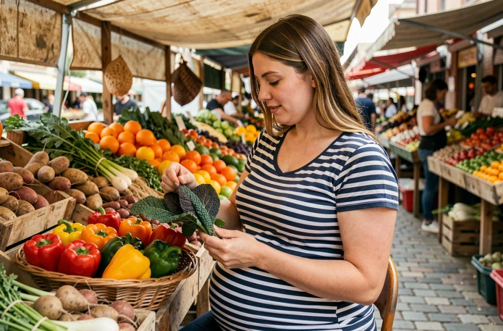 Femme enceinte choisissant des légumes frais au marché pour une alimentation saine pendant la grossesse