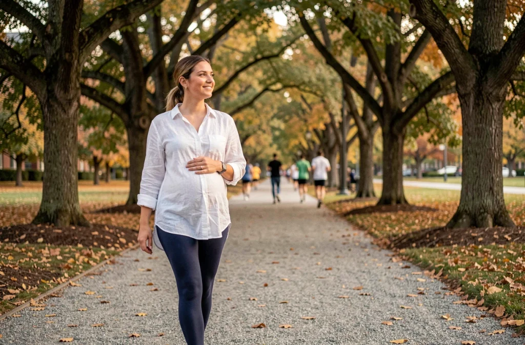 Femme enceinte marchant tranquillement dans un parc urbain en automne, activité physique douce en plein air