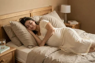 Femme enceinte allongée sur le côté avec un oreiller de grossesse dans une chambre cosy