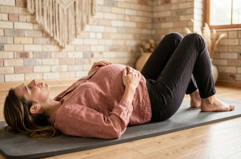 Femme enceinte allongée sur un tapis effectuant des exercices de respiration et de gainage du périnée en studio de yoga