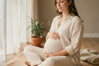 Femme enceinte assise sur un plancher en bois, les yeux fermés, tenant son ventre avec sérénité, illustrant l'impact des émotions positives sur la santé maternelle