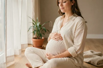 Femme enceinte assise sur un plancher en bois, les yeux fermés, tenant son ventre avec sérénité, illustrant l'impact des émotions positives sur la santé maternelle