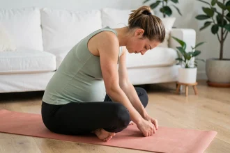 Femme enceinte pratiquant le yoga prénatal sur un tapis de yoga à domicile, posture douce et apaisante