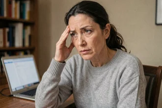 Femme de 40 ans tenant sa tempe avec une expression fatiguée, illustrant les symptômes précoces de la sclérose en plaques
