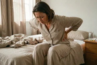 Femme souffrant de fibromyalgie assise au bord du lit le matin, les mains dans le dos, exprimant une douleur chronique au quotidien