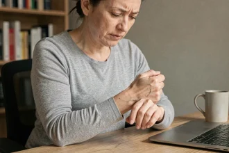 Femme massant son avant-bras et ses doigts engourdis assis à un bureau en bois à domicile