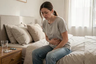 Femme adulte souffrant d'une infection urinaire assise sur son lit avec une expression de gêne abdominale