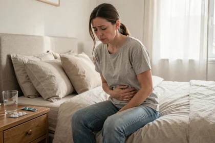 Femme adulte souffrant d'une infection urinaire assise sur son lit avec une expression de gêne abdominale