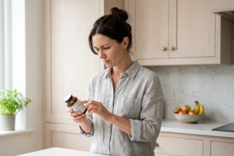 Femme lisant l'étiquette d'un complément alimentaire dans une cuisine lumineuse