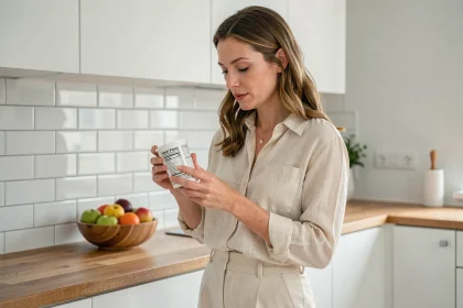 Femme lisant l'étiquette nutritionnelle d'un yaourt pour contrôler sa consommation de sucre dans une cuisine moderne
