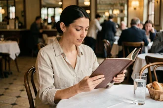 Femme lisant attentivement un menu de restaurant pour choisir un repas équilibré et limiter les calories