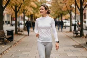Femme marchant rapidement en ville avec un tracker de fitness pour atteindre 10000 pas par jour