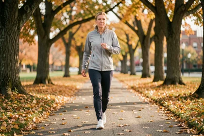 Femme d'une cinquantaine d'années marchant d'un pas vif sur un sentier de parc en automne, illustrant les bienfaits de la marche quotidienne pour la santé articulaire