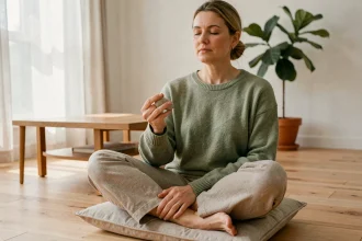 Femme tenant un worrying stone entre ses doigts lors d'une séance de méditation dans un salon minimaliste