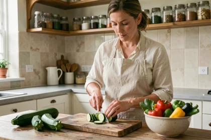 Femme préparant des courgettes fraîches sur une planche en bois dans une cuisine naturelle, illustrant les bienfaits santé de la courgette