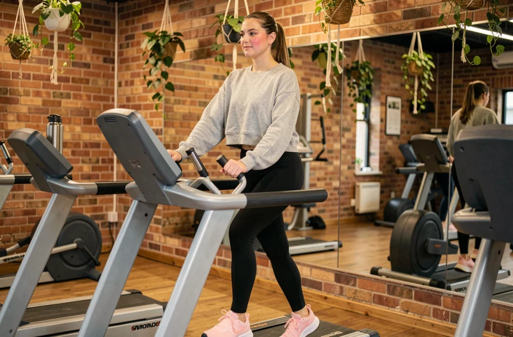 Femme se reposant sur un vélo elliptique dans un studio de fitness urbain après une séance minceur