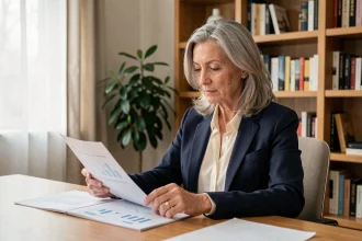 Femme senior sereine préparant sa retraite à son bureau à domicile en consultant des documents financiers