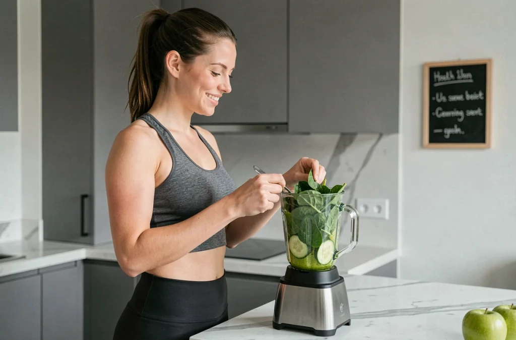 Jeune femme sportive préparant un smoothie sans sucre ajouté dans une cuisine minimaliste pour soutenir sa perte de poids
