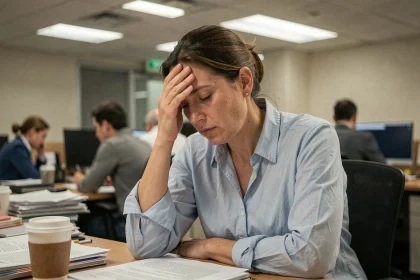 Femme stressée au bureau illustrant l'impact du stress chronique sur la santé métabolique et le stockage des graisses abdominales