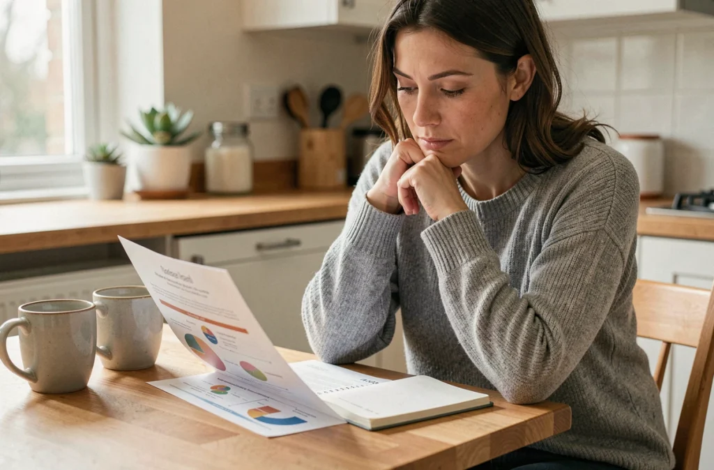 Femme consultant un tableau de poids santé à la maison, illustrant la recherche du poids idéal pour une taille de 1m60