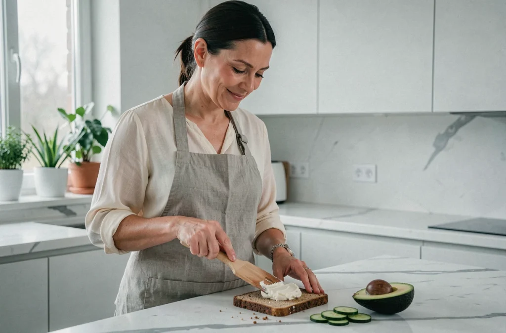 Femme préparant une tartine de pain de seigle avec du fromage frais dans une cuisine moderne