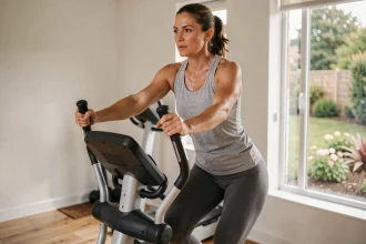 Femme en tenue de sport utilisant un vélo elliptique dans une salle de sport à domicile pour perdre du poids