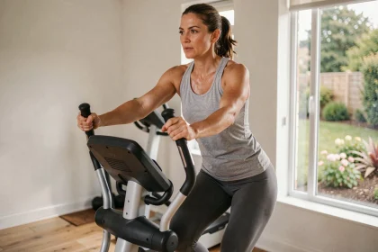 Femme en tenue de sport utilisant un vélo elliptique dans une salle de sport à domicile pour perdre du poids
