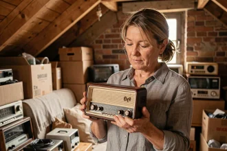 Femme examinant une vieille radio transistor dans un grenier encombré, réfléchissant à la conserver ou à la recycler