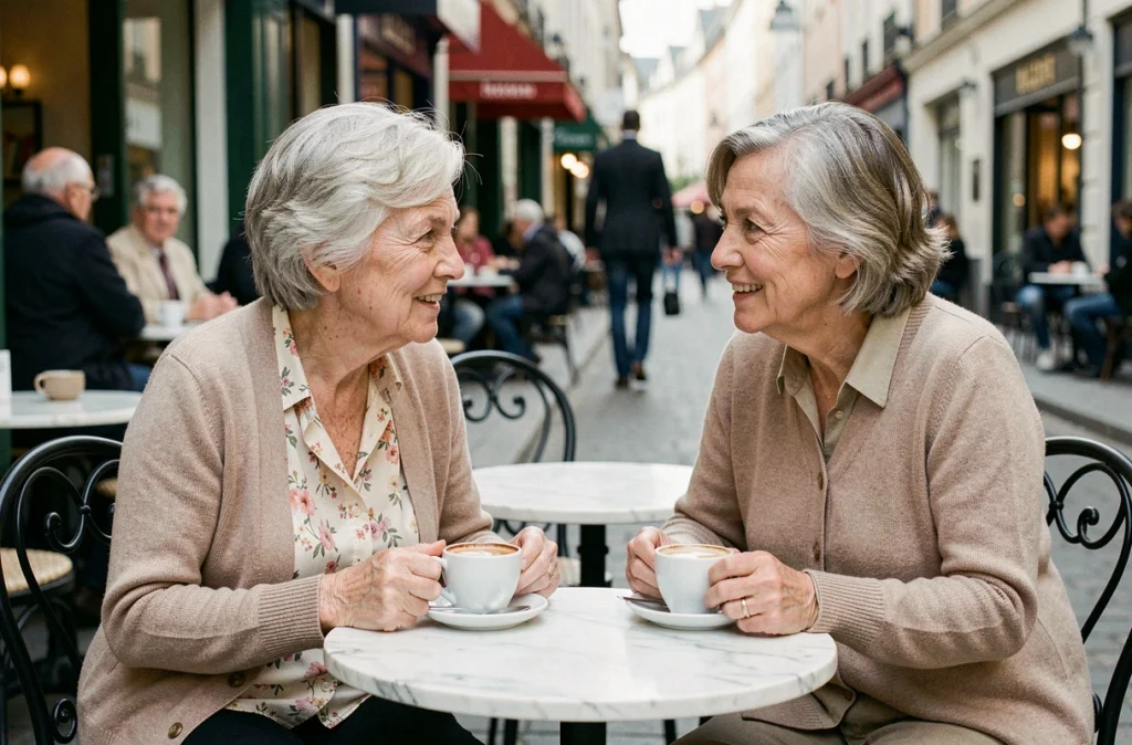 Deux femmes âgées discutant autour d'un café en terrasse, représentant l'importance des liens sociaux pour prévenir l'isolement des seniors