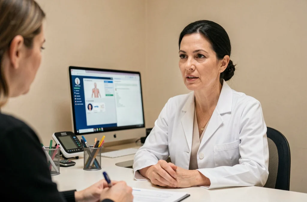 Dermatologue femme en consultation avec un patient dans un cabinet médical à Brest