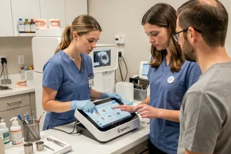 Professionnelle dentaire formant son équipe à l'utilisation d'une imprimante 3D SprintRay dans un laboratoire dentaire moderne
