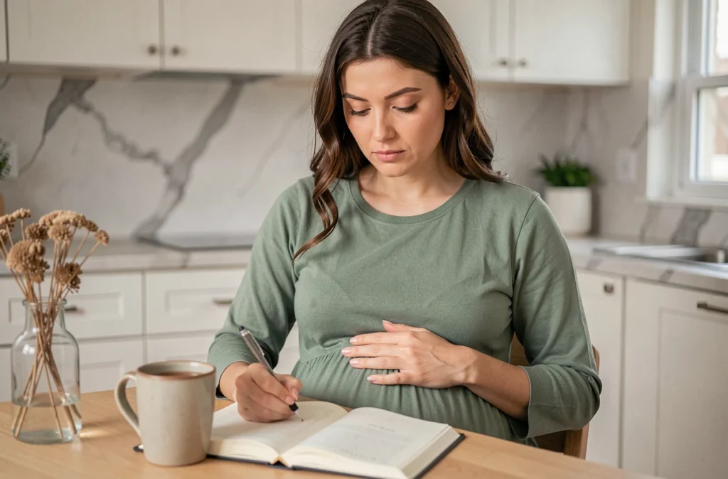 Femme enceinte écrivant dans un journal à une table de cuisine, exprimant ses émotions pendant la grossesse pour préserver sa santé mentale