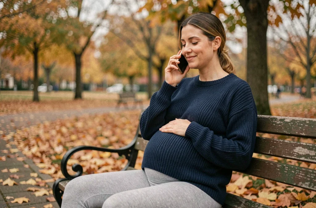 Femme enceinte souriante sur un banc de parc en automne, téléphone à la main, illustrant le soutien émotionnel et son effet positif sur la santé de la future maman
