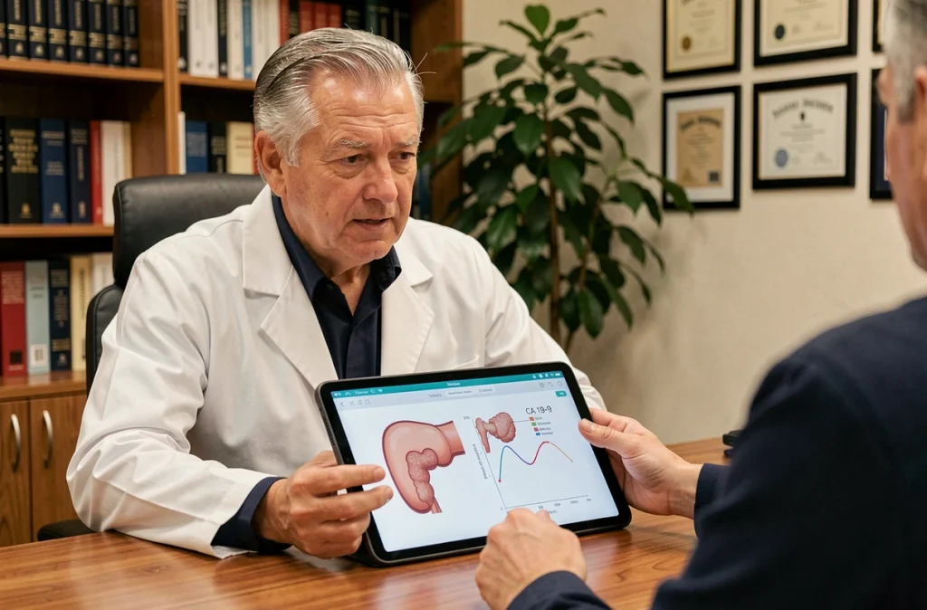 Gastroentérologue expliquant les résultats du marqueur CA 19-9 à son patient lors d'une consultation médicale