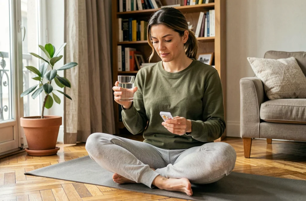 Femme adulte gérant au quotidien son traitement contre la maladie de Crohn à domicile dans un appartement parisien