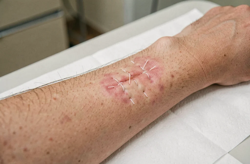 Gros plan sur une cicatrice avec fils résorbables en cours de dissolution sur avant-bras