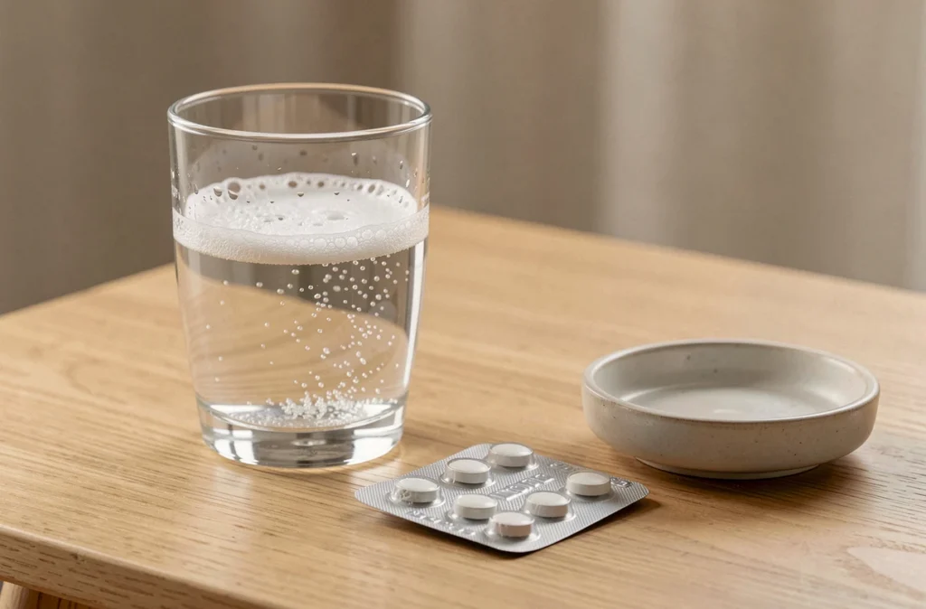 Gros plan sur un verre d'eau effervescent, une plaquette de citrate de bétaïne ouverte et une soucoupe en céramique sur une table en bois clair