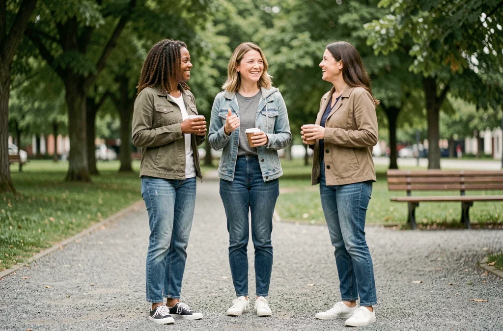 Groupe de trois femmes de taille moyenne en plein air dans un parc, représentant la diversité corporelle et le poids réaliste pour 1m60