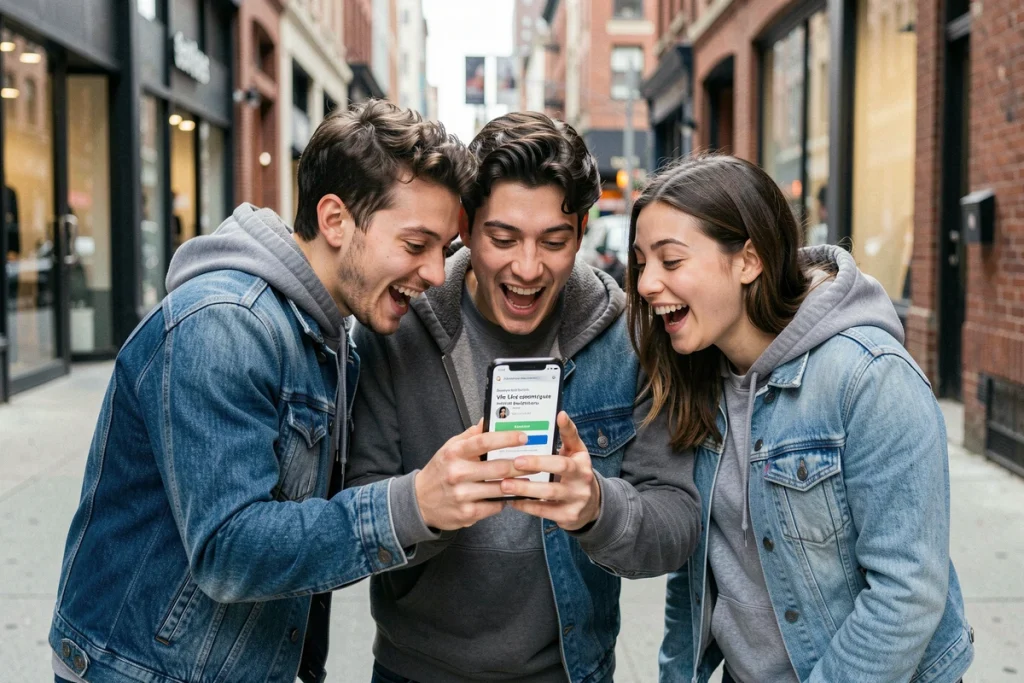 Groupe de jeunes adultes réagissant au simulateur viral d'espérance de vie Natacha Birds sur un smartphone en ville