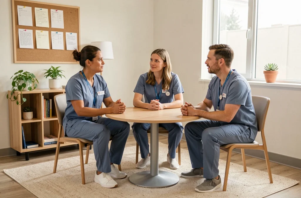 Groupe de professionnels de santé participant à une session de gestion du stress dans une salle de bien-être hospitalière